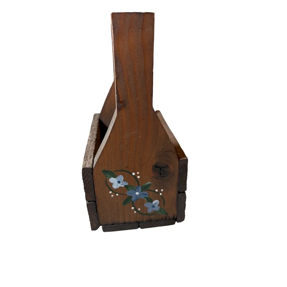 Vintage Handmade Wooden Carrier Folk Art Hand Painted Flowers Cottage Farm Decor